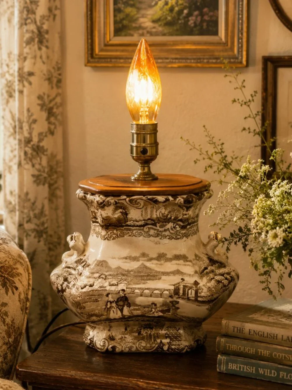Rare Antique 19th Century English Brown Transferware Pastoral Scene Lamp Base